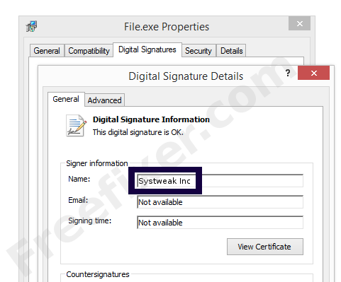 Screenshot of the Systweak Inc certificate